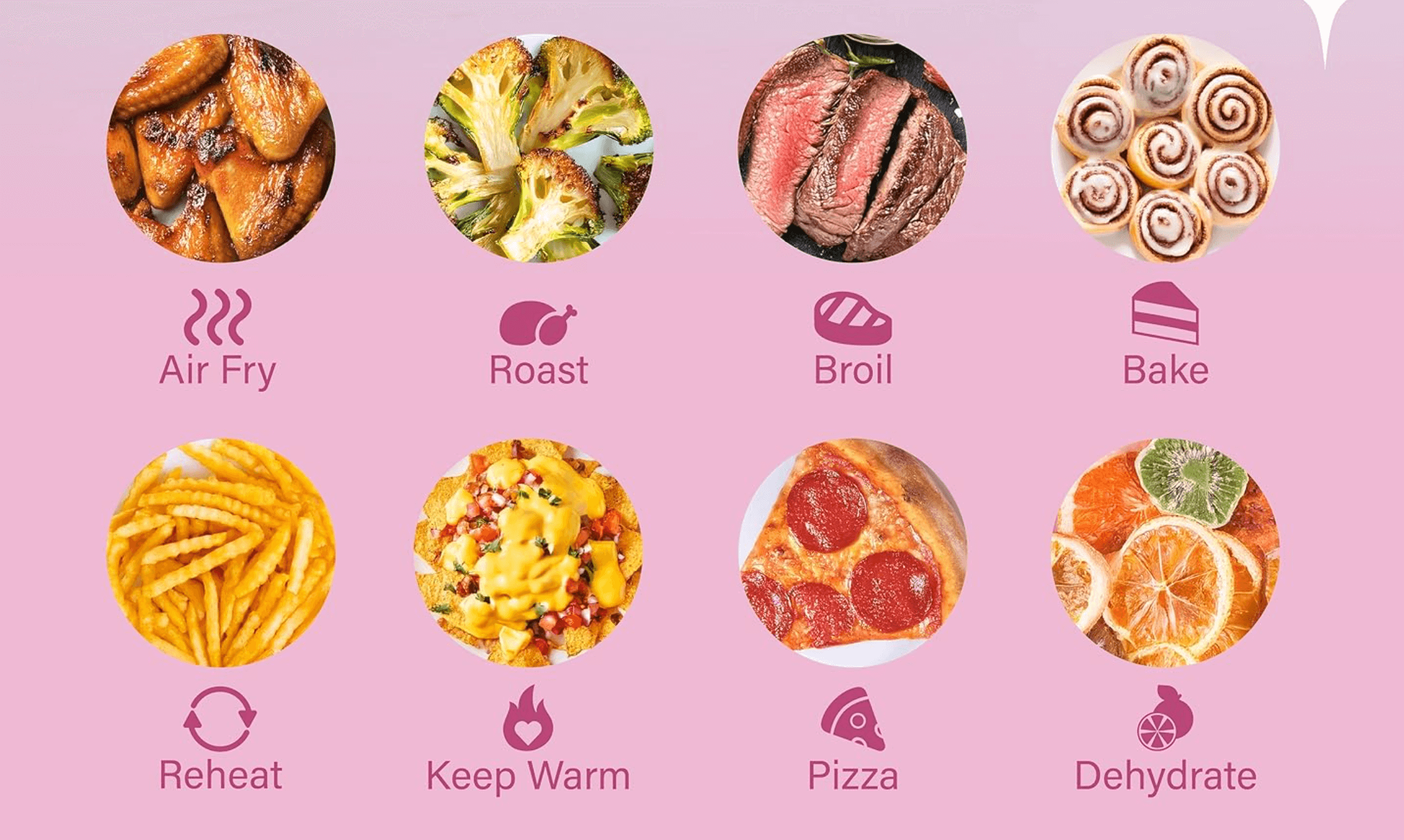 Graphic showing the 8 cooking functions of the Paris Hilton Air Fryer: Air Fry, Roast, Broil, Bake, Reheat, Keep Warm, Pizza, and Dehydrate, with corresponding food images.